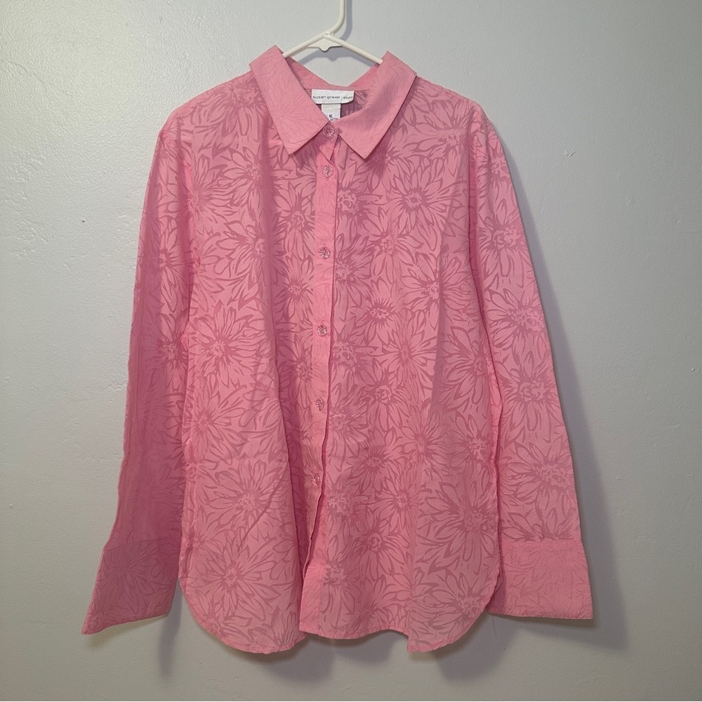 Susan Graver Pink Floral Womens  Button Down Shirt